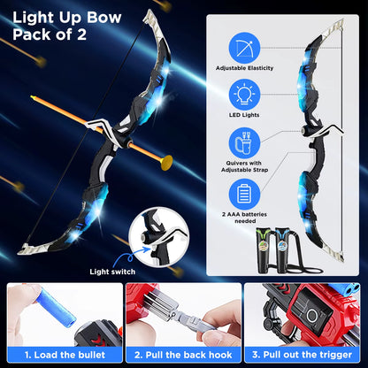 VATOS 2X Bow Arrow + Guns Toy for Kids Night-Light Archery Stand Target Board Indoor Outdoor Game Toys Boys Girls Christmas Gift