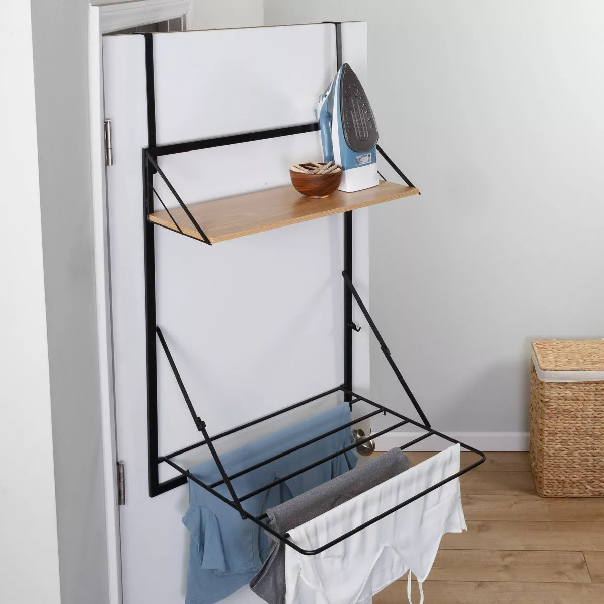 Collapsible Laundry Shelf and Drying Rack Combo in Light Oak, Steel Construction, 65 Lb Capacity