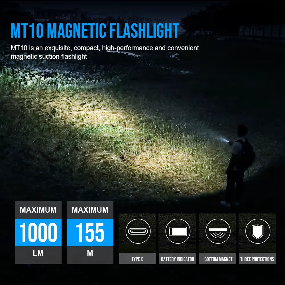 MT10 Rechargeable LED EDC Flashlight 1000 Lumens Type USB C Charging Torch Mini 16340 Light MVB Optics with Magnet Lan