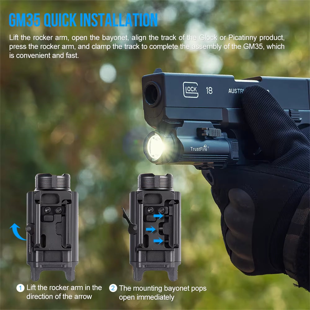 GM35 Tactical LED Flashlights Mini Pistol Lights 1350Lumens USB Rechargeable Quick Release Handgun 1913/GL Rail