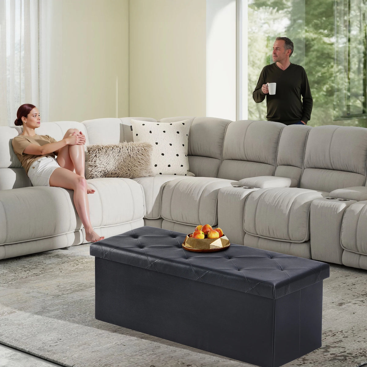 JHK 43-Inch Leather Folding Ottoman Storage Bench - Versatile Footstool and Toy Box with 660 lbs Capacity for Living Room and Bedroom Use
