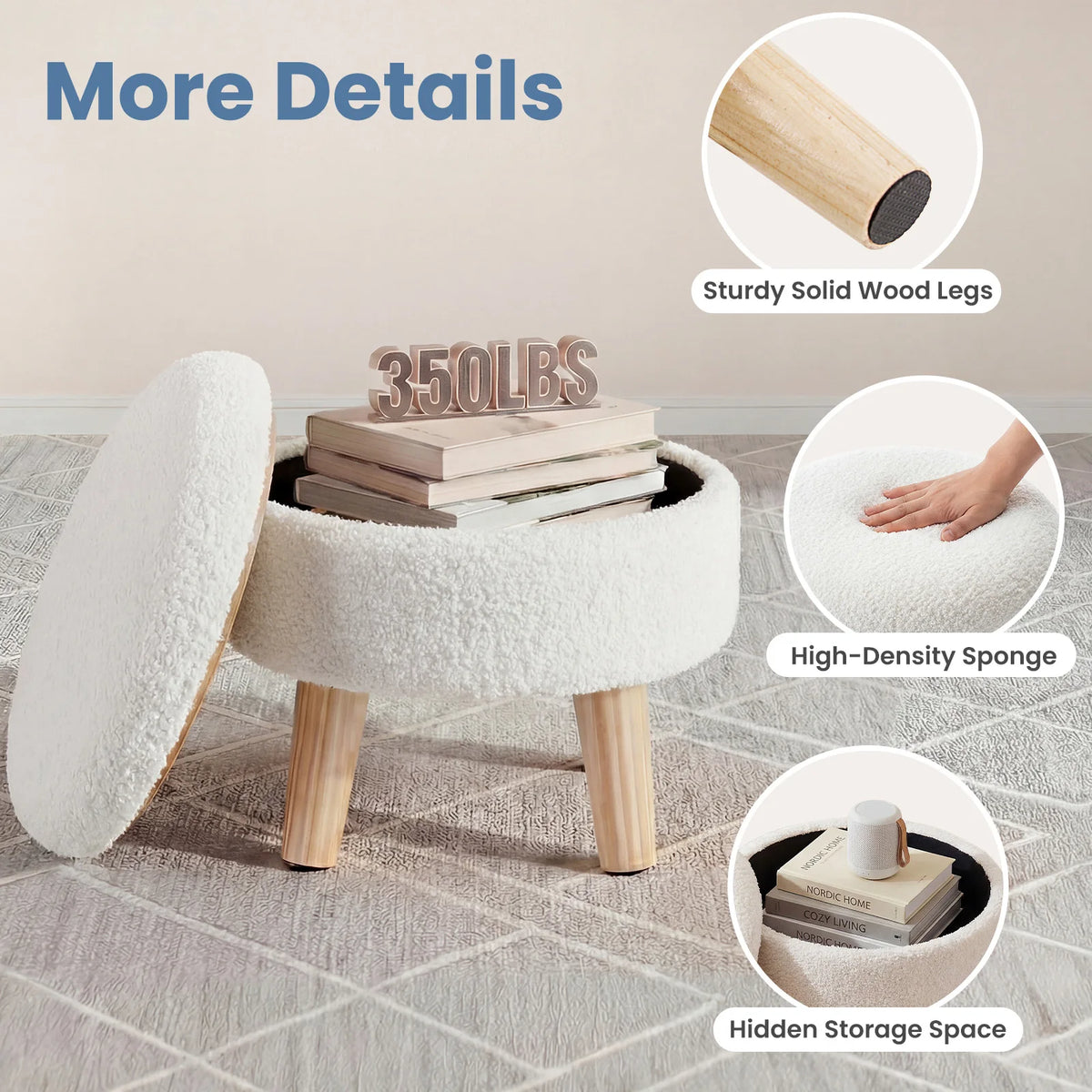 JHK Round Velvet Storage Ottoman with Padded Seat and Hidden Storage, Wood Legs for Living Room and Bedroom