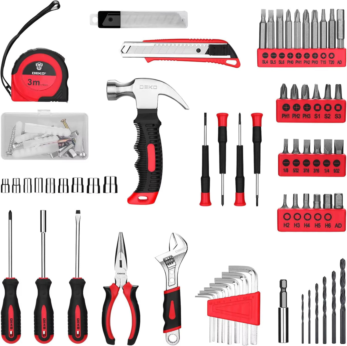 DEKO 126-Piece Cordless Drill and Hand Tool Set with 8V Red Drill for Home Use