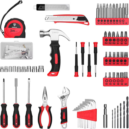 DEKO 126-Piece Cordless Drill and Hand Tool Set with 8V Red Drill for Home Use