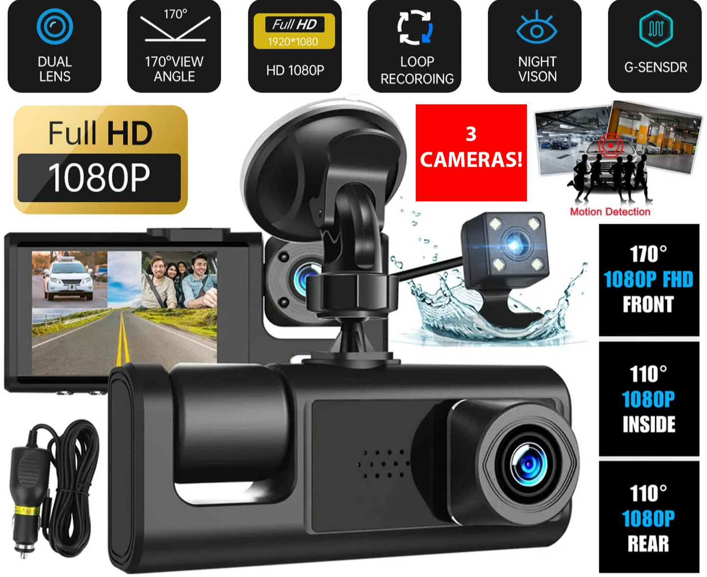 Car Dual Lens Dash Cam HD 1080P Front/Rear/Inside Video Recorder Camera G-Sensor