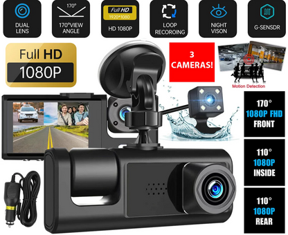 Car Dual Lens Dash Cam HD 1080P Front/Rear/Inside Video Recorder Camera G-Sensor