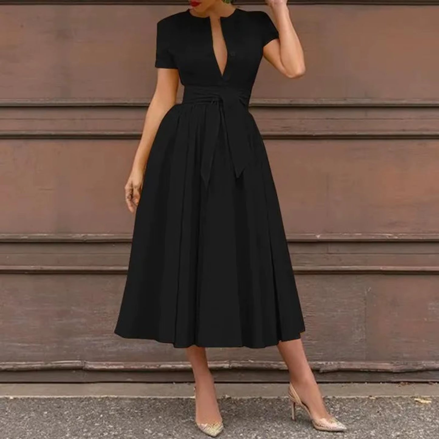 Women Elegant Formal Party Evening Dress 2025 Short Sleeve Patchwork Sashes Mid-Calf Dresses Sexy Deep V-Neck Dress plus Size