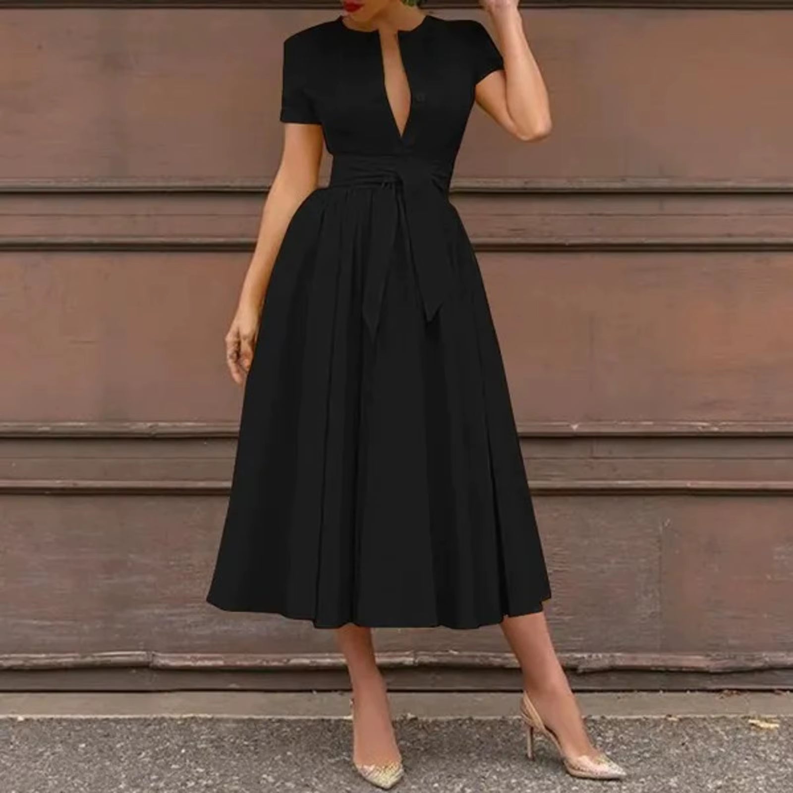 Women Elegant Formal Party Evening Dress 2025 Short Sleeve Patchwork Sashes Mid-Calf Dresses Sexy Deep V-Neck Dress plus Size