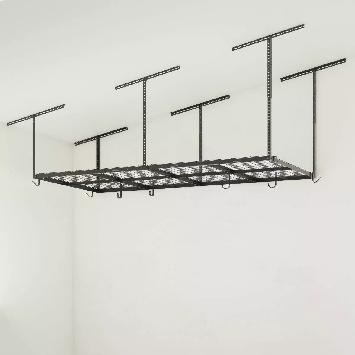 Adjustable Overhead Garage Storage Rack, 4' x 8', with 8 Accessory Hooks, Black Steel Utility Shelves