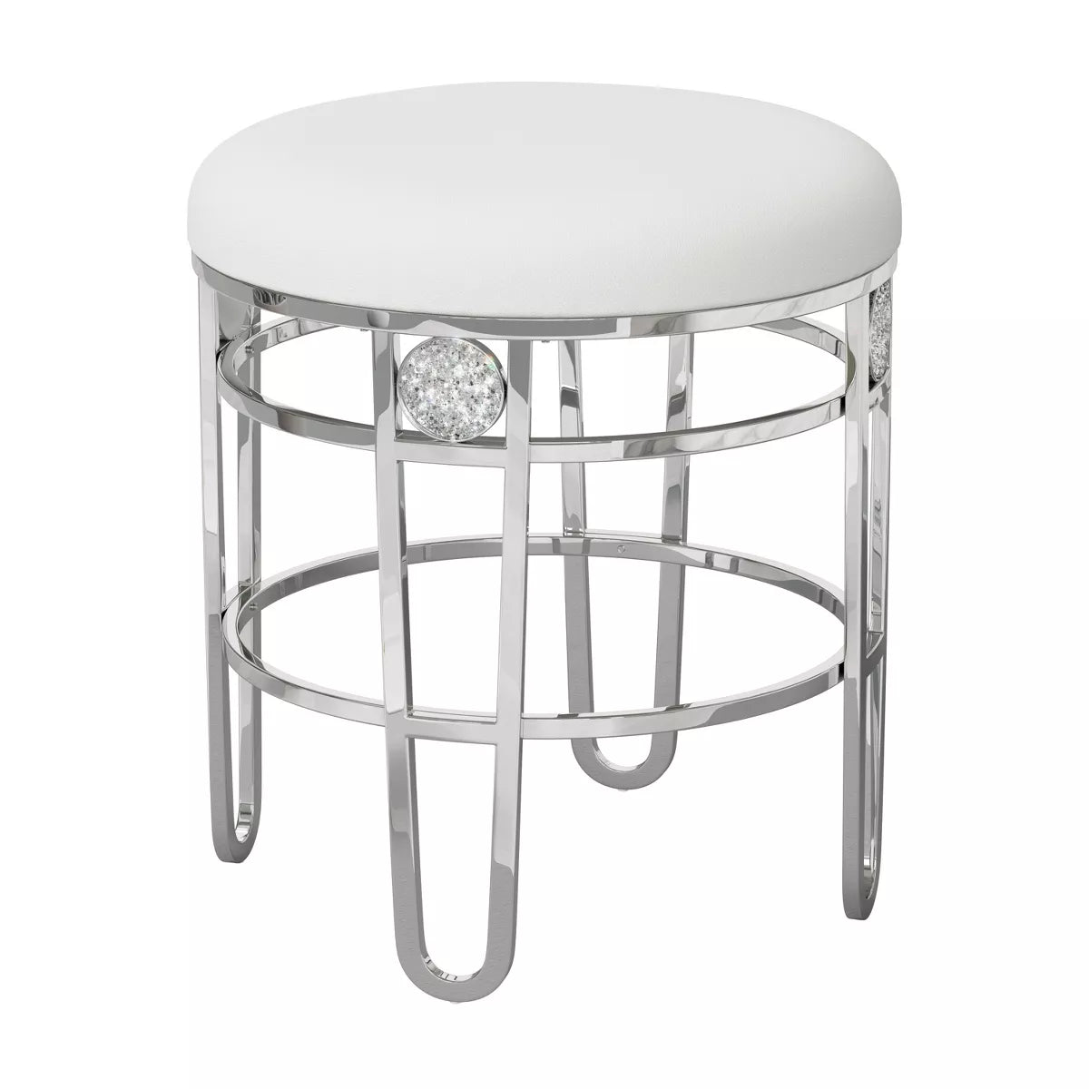 Dessa Glam Metal Vanity Stool Chrome - round Makeup Seat, Faux Leather