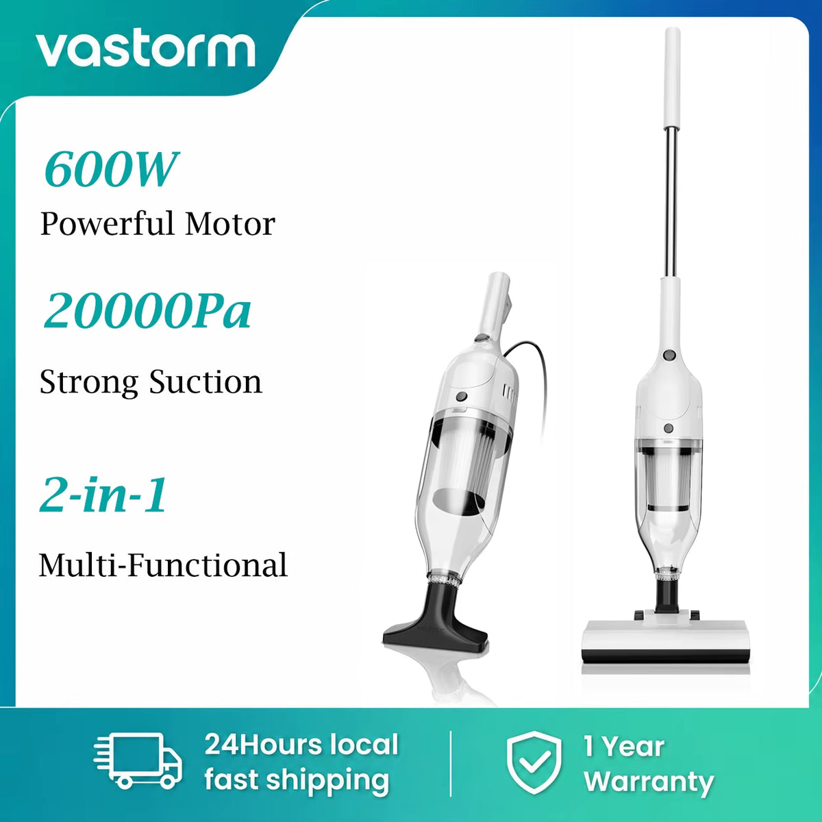 Vastorm R7 Corded Vacuum Cleaner - 600W, 20Kpa Powerful Suction, 3-in-1 Lightweight Handheld Stick Vacuum with 5M Cable, Bagless Design for Hardwood Floors, Carpets, and Pet Hair Removal