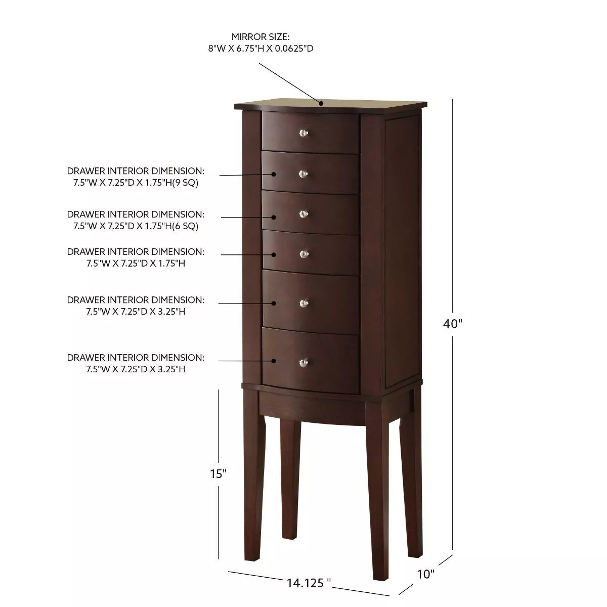 Traditional Wood Jewelry Armoire with 6 Lined Drawers in Merlot Brown
