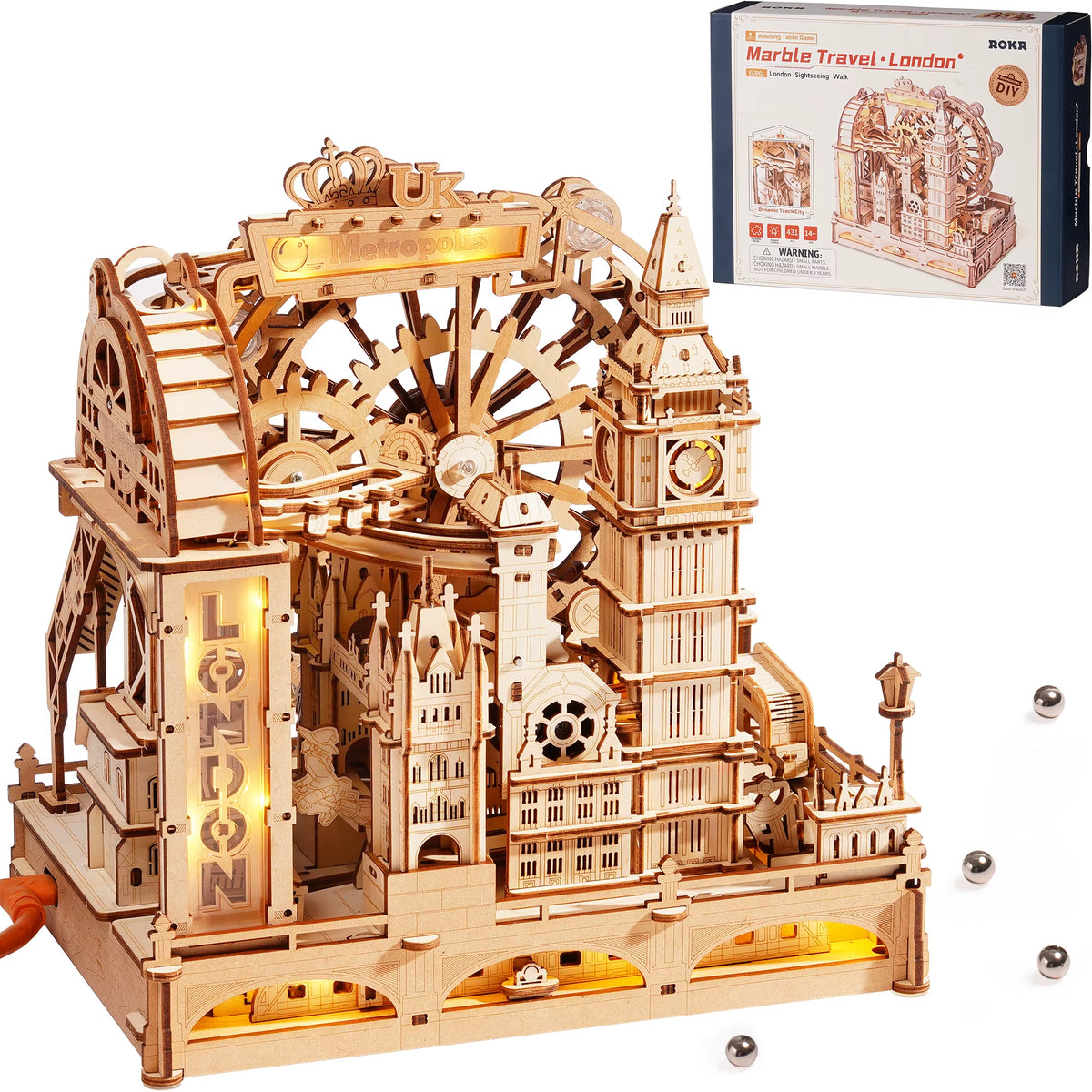 Robotime 3D Wooden Puzzle Marble Run Building Kit - London City Model with Lighting, Mechanical DIY Landmark Puzzle for Adults and Teens