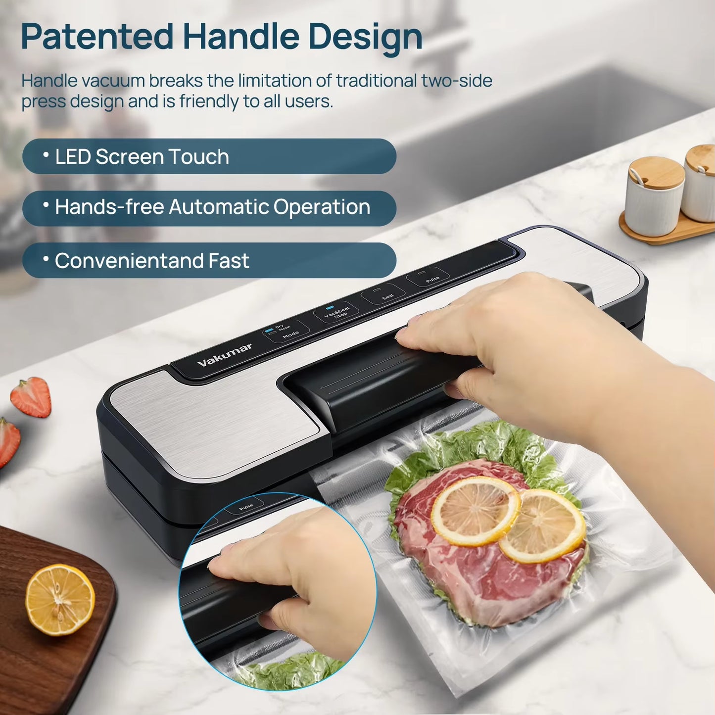 VH1506 Vacuum Sealer Machine Sous Vide Handle Type 80Kpa Multifunctional and Convenient Vacume Sealer Household