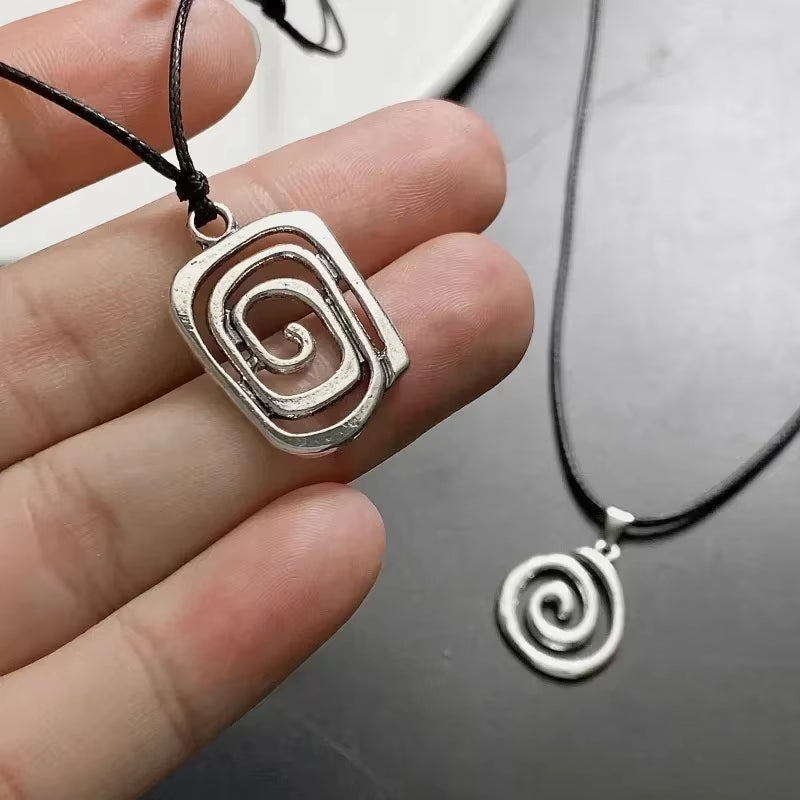 Vintage Spiral Vortex Pendant Necklace with Hand-Woven Leather Rope for Women - Bohemian Goth Fashion Jewelry 2026 Y2K Collection
