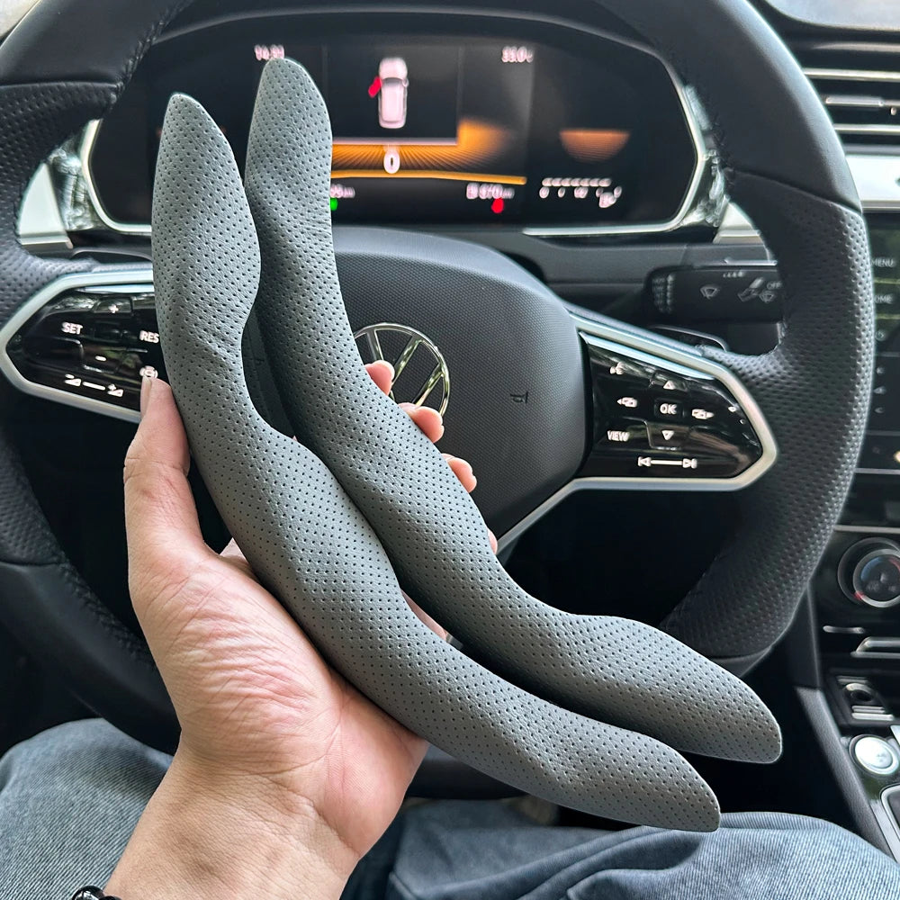 Universal D-Shaped Leather Steering Wheel Cover with Ventilation Holes - 15 Inch, Sweat-Absorbent and Anti-Slip Accessory