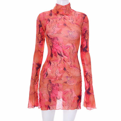Ladies Mesh Printed Y2K Vintage Dress High Street Slim Elastic Bodycon Party Dress round Neck Bell Sleeve Side Open Hip Dresses