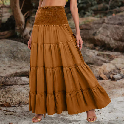 Boho Tiered A-Line Skirt Women Forest Fairy Pockets Patchwork Long Dress Elastic Waist Vintage Hippie Gypsy Maxi Skirt 스커트