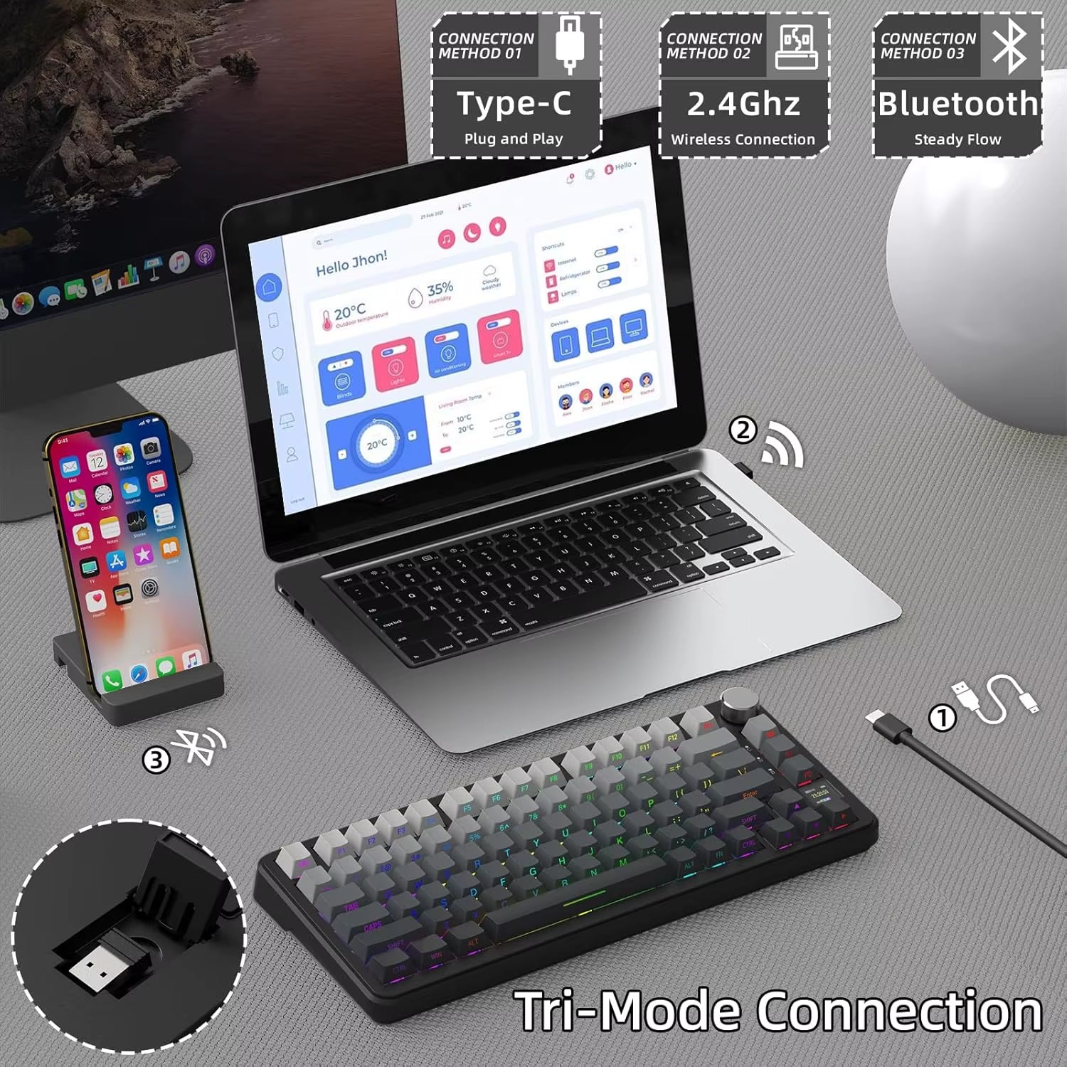 X85Pro 75% Mechanical Keyboard with Screen & Knob Hot Swappable Wireless 2.4Ghz/Bluetooth/Wired RGB Gasket Mount QM