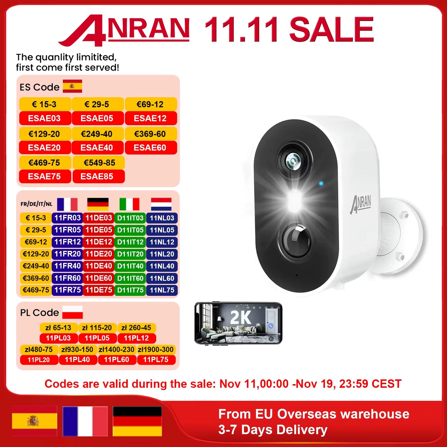 ANRAN 2K Rechargeable Battery Camera 2.4G Wifi Camera Wireless Home Surveillance Security Cameras PIR ,IP65 ,Work with ANRAN App