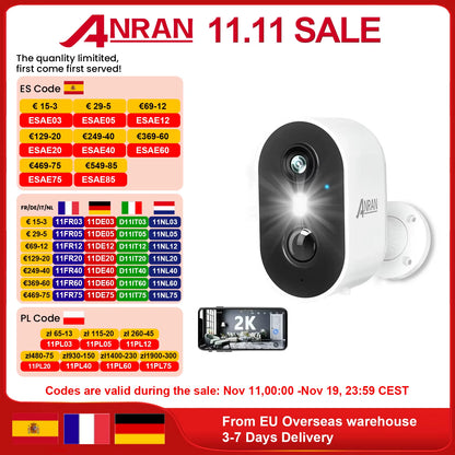 ANRAN 2K Rechargeable Battery Camera 2.4G Wifi Camera Wireless Home Surveillance Security Cameras PIR ,IP65 ,Work with ANRAN App
