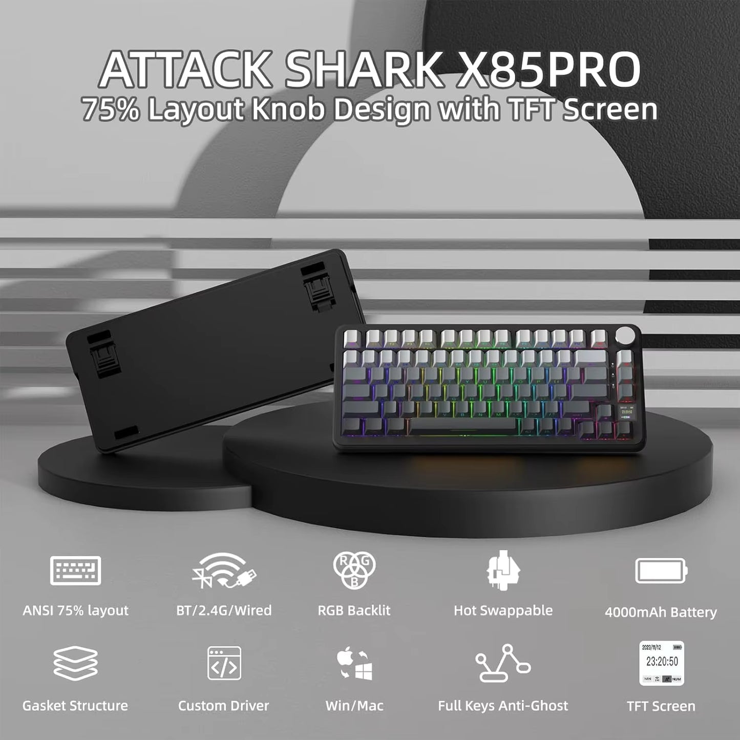 X85Pro 75% Mechanical Keyboard with Screen & Knob Hot Swappable Wireless 2.4Ghz/Bluetooth/Wired RGB Gasket Mount QM