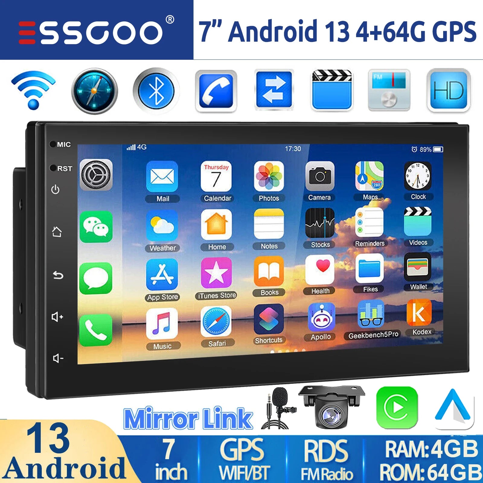 ESSGOO 7"/9"/10“ 2 DIN Android 14 4+64G Car Stereo Carplay Android Auto GPS Navi Bluetooth FM RDS Radio WIFI Touchscreen Chatgpt