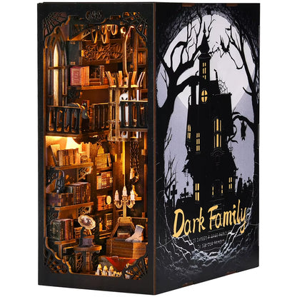 Book Nook Kit Dark Family DIY Wooden Puzzle Gothic Style Halloween Bookshelf Dollhouse Model Bookend Building Home Decoration