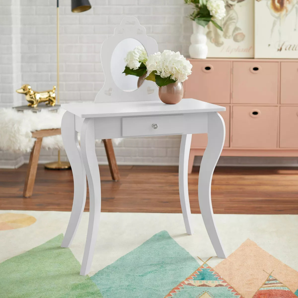 Vanity Set White - Toddler Vanity Table & Stool, MDF Frame, Rectangle Mirror, 50 Lb Capacity