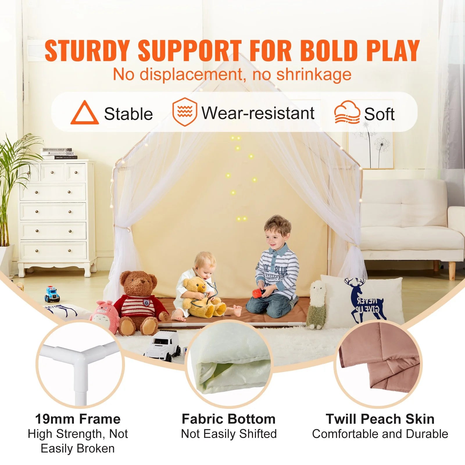  Kids Play Tent, Kids Tent for Kids 1-5 Years Old, Toddler Tent with Mat and Tent Lamp, Beige
