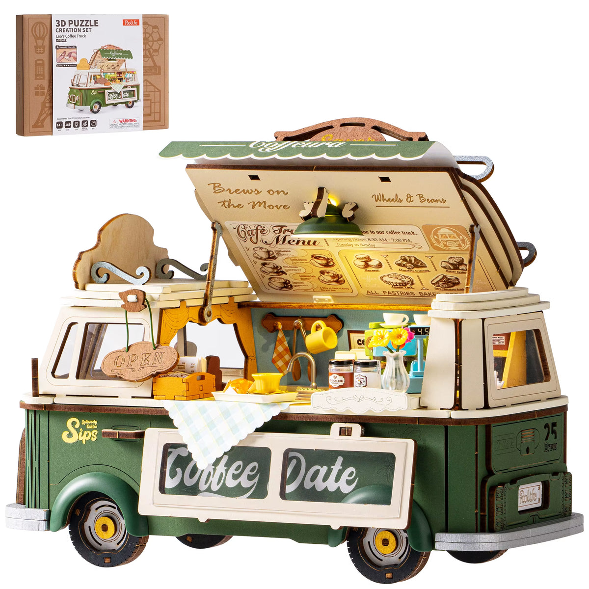 Rolife Wooden 3D Puzzle Leo's Coffee Truck Model Building Kit - DIY Miniature Dollhouse for Home Décor and Gift for Adults and Teens