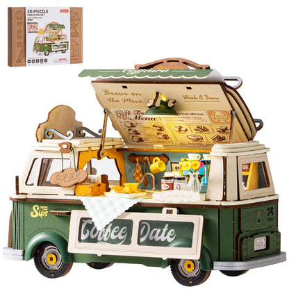Rolife Wooden 3D Puzzle Leo's Coffee Truck Model Building Kit - DIY Miniature Dollhouse for Home Décor and Gift for Adults and Teens