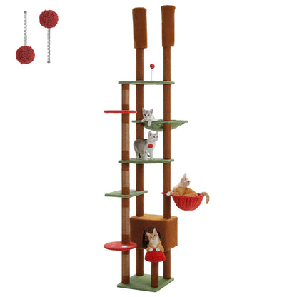 Height Adjustable Wooden Cat Tower with Spacious Hammock and Sisal Scratching Posts - Floor to Ceiling Indoor Cat Condo