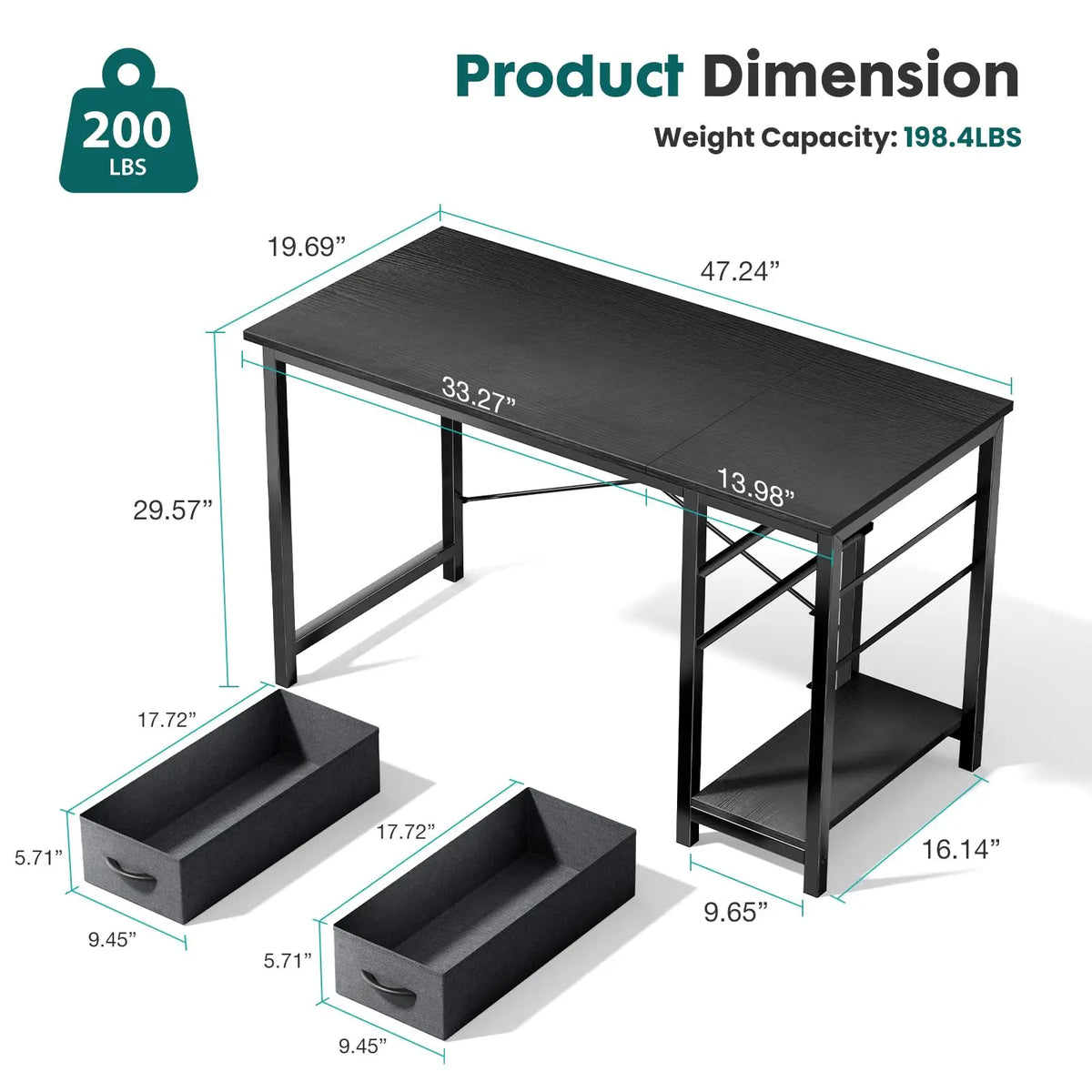 JHK 47-Inch Modern Computer Desk with Adjustable Position Drawers and Dual Storage for Office, Study, and Gaming