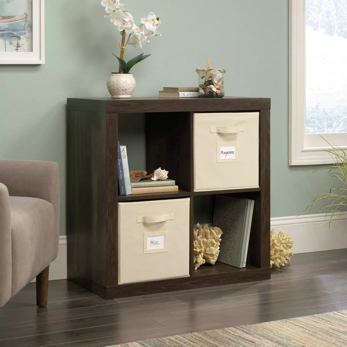 Stow Away 4-Cube Organizer in Smoked Oak - Modern Bookshelf with Fixed Shelves and Fabric Bins