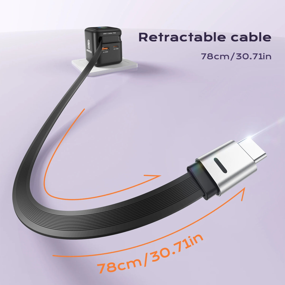 ASOMETECH 70W GaN Charger with Retractable Type-C Cable, 45W PD QC PPS Travel Charger for iPhone 16, MacBook, Tablets, and Samsung Devices