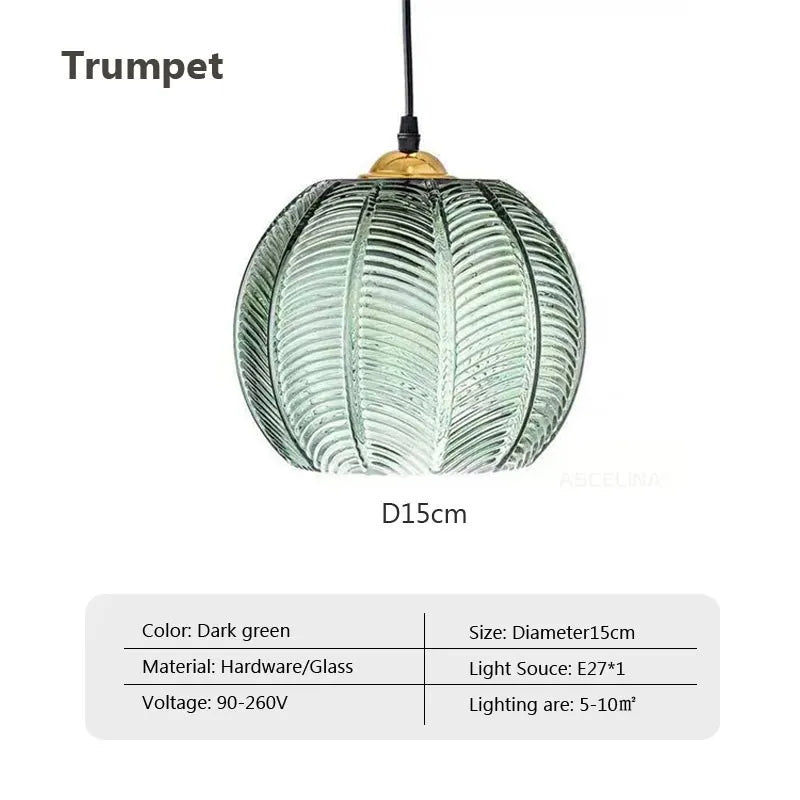 Nordic Glass Pendant Light Green Leaf Pattern Lighting for Living Room Dining Room Hotel Study Bedroom Indoor Decorative Fixture