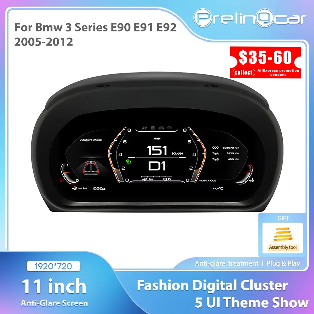 1920x720 Auto LCD Dashboard Display for BMW 3 Series E90 E91 E92 (2005-2012) Virtual Cockpit Speedometer