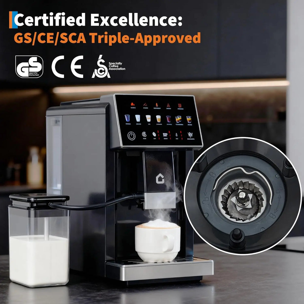 3rd Generation Espresso Coffee Maker with Integrated Milk Frother, Removable Brewer and Grinder, Adjustable Coarseness and Flavor, Detachable Milk Tank