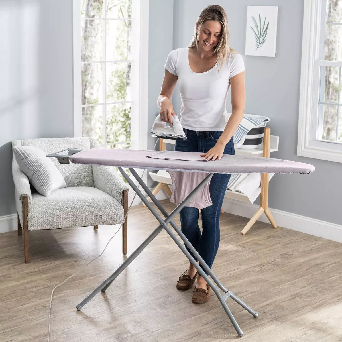 Home Products Light Gray 4-Leg Mesh Top Ironing Board with Integrated Iron Rest