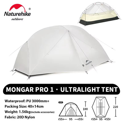 Naturehike Mongar PRO Ultralight Waterproof Tent for 1-3 Persons - 20D Nylon Camping and Backpacking Solution