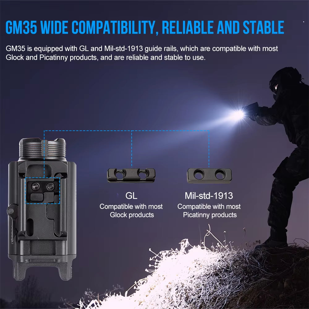 GM35 Tactical LED Flashlights Mini Pistol Lights 1350Lumens USB Rechargeable Quick Release Handgun 1913/GL Rail
