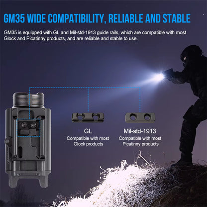 GM35 Tactical LED Flashlights Mini Pistol Lights 1350Lumens USB Rechargeable Quick Release Handgun 1913/GL Rail