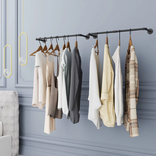 Pack of 2 Industrial Pipe Clothes Rail Rack Wall-Mounted Garment Pipe Rack Wall Iron Closet Organizer Garment Hanging Rod