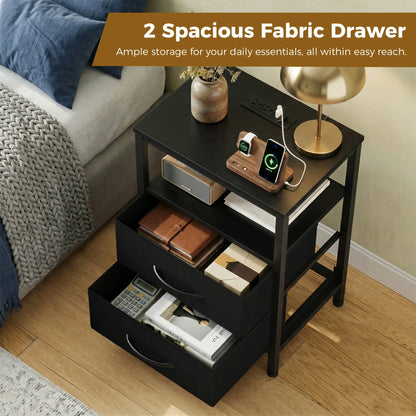 JHK 2-Drawer Fabric Nightstand with Open Shelf and USB Charging Station - Versatile Storage End Table for Living Room
