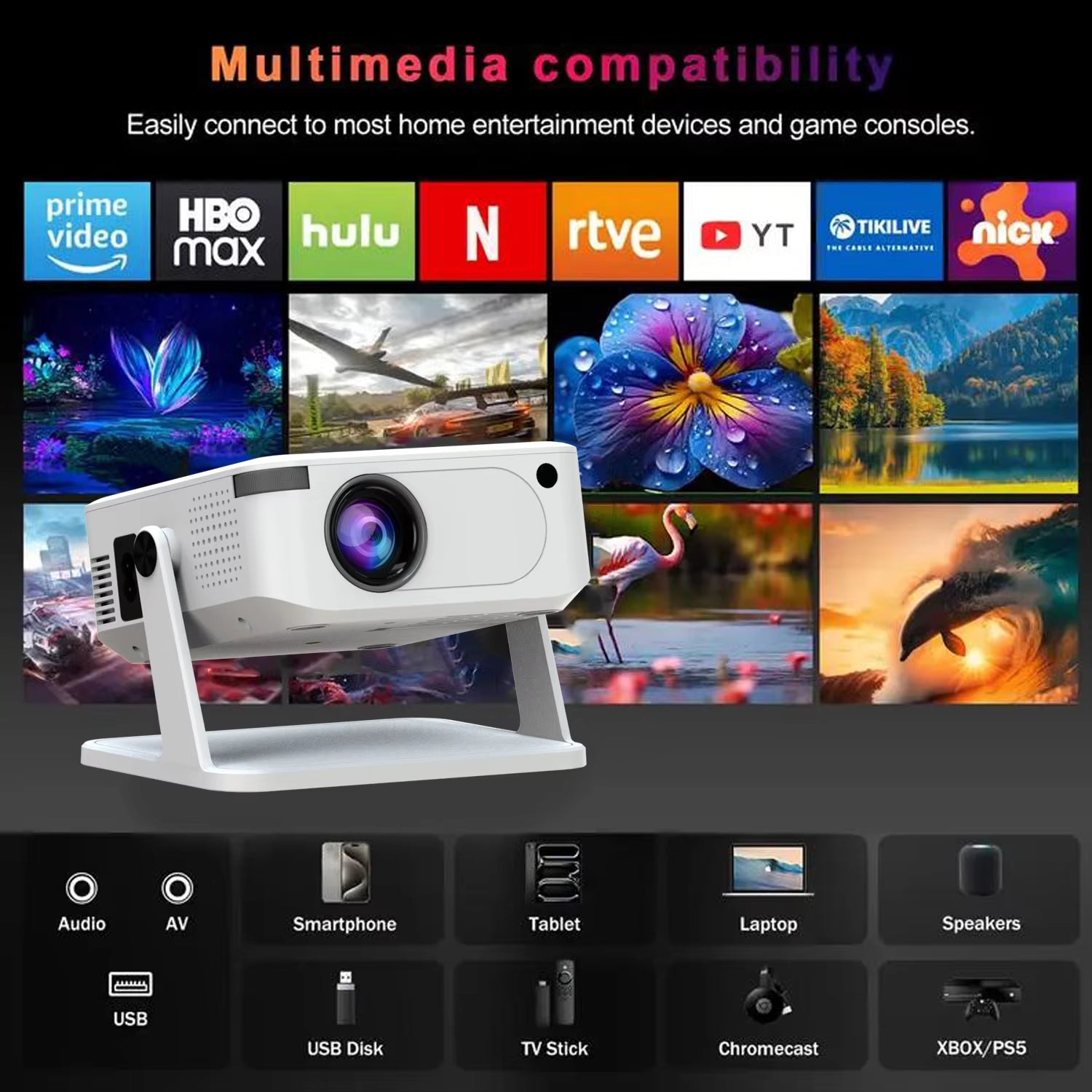 Digital Projector Android with Holder HD Video Smart Projector Outdoor with HDMI USB Wireless Connection for Home Cinema Out
