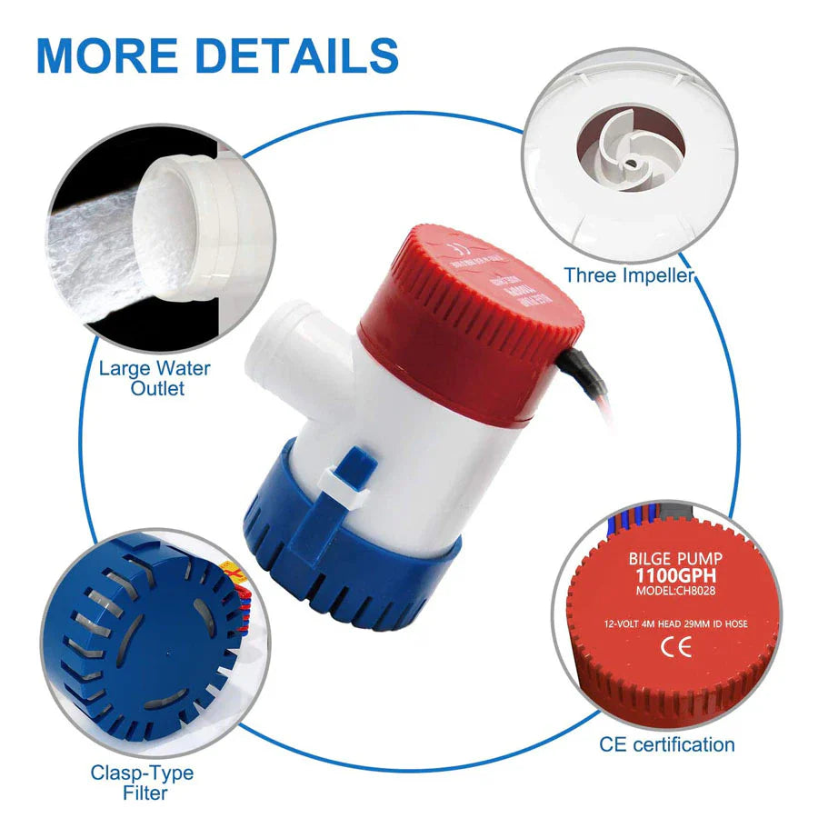 1100GPH 12V Electric Marine Submersible Bilge Sump Water Pump for Boat 3/4" Hose