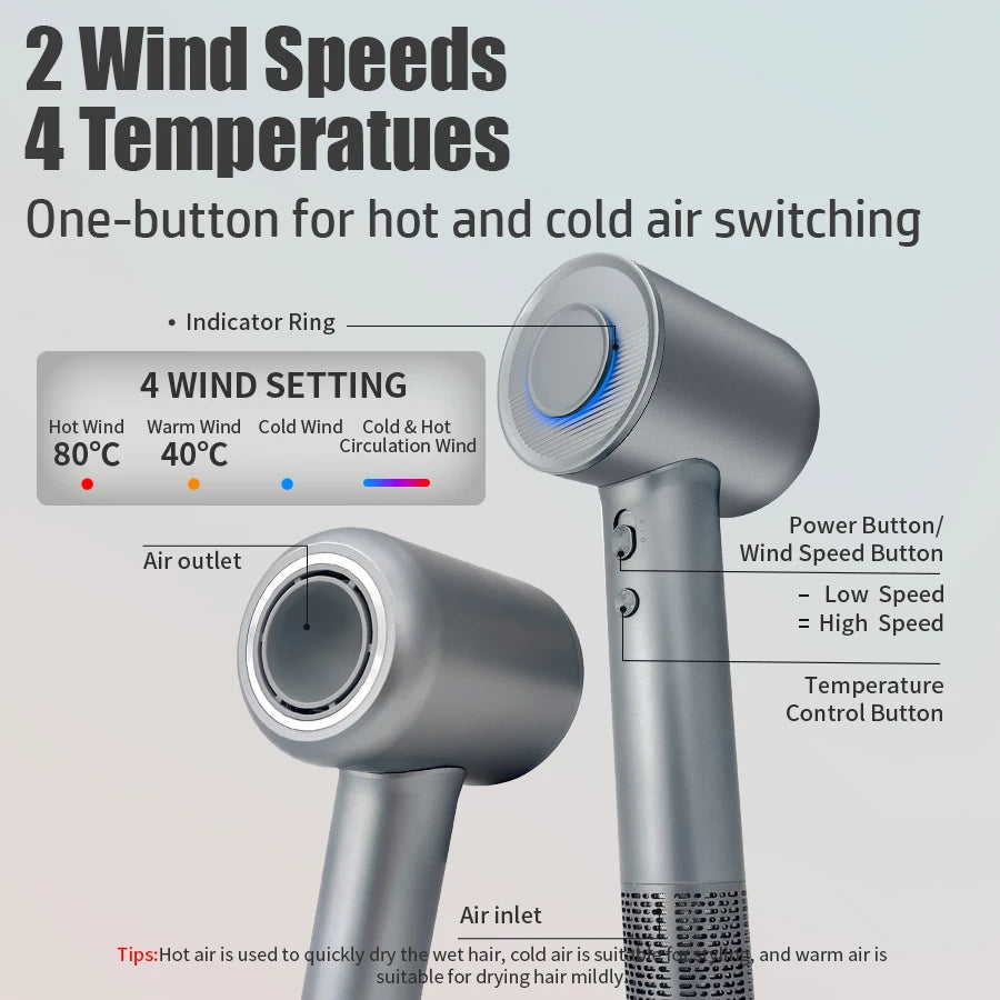 High-Speed Professional Hair Dryer with Negative Ion Technology and Magnetic Nozzle for Enhanced Hair Care and Styling