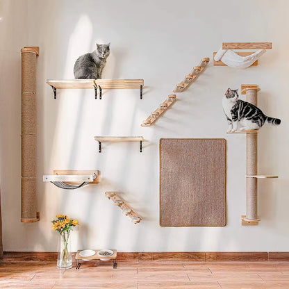 Wall-Mounted Cat Climbing Shelf with Four-Step Stairway and Sisal Scratching Post for Enhanced Pet Play and Comfort