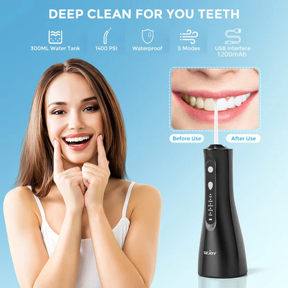 SEJOY Portable Electric Water Flosser with 350ML Tank, 5 Modes, and 5 Jet Tips for Dental Care and Teeth Whitening - Ideal for Home and Travel